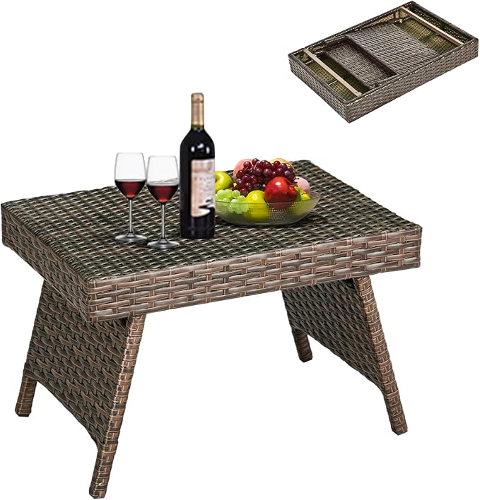 DREAMADE Rattan Side Table, Folding Small Patio Wicker Desk Outdoor Deck Furniture w/PE Rattan, Robust Metal Structure, Outdoor Coffee Table for Patio, Deck, Yard, Poolside, Garden, Balcony (Brown)