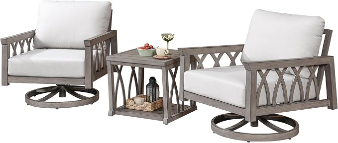 3-Piece Aluminum Swivel Patio Furniture Set, Outdoor Patio Bistro Set with 2 Swivel Sofa Armchairs and Side Table, Rustproof Patio Conversation Set with Cushions for Deck, Balcony, Limed Oak