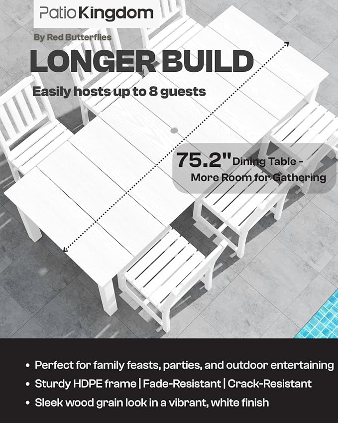 7-Piece Outdoor Dining Set with 11FT Umbrella for 6,White | 75.2'' HDPE table, chairs included, weather-resistant furniture with hole, ideal for lawn, poolside, yard, garden, deck