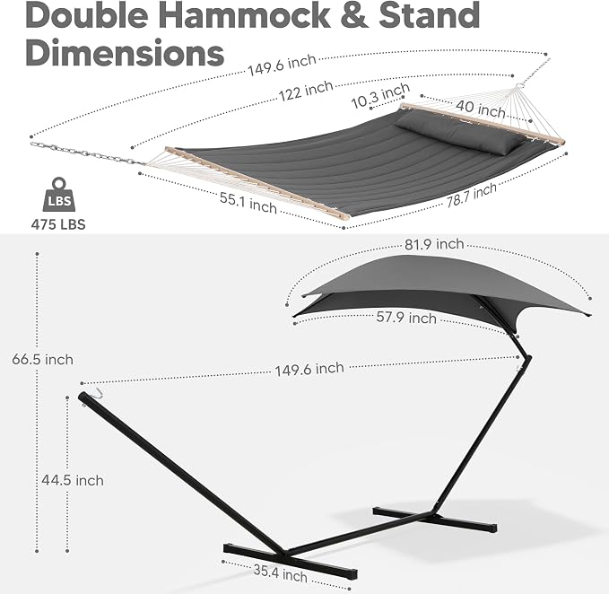 SUNCREAT Hammocks Standing Patio Hammock with Canopy, Portable Hammock with Stand Foldable, Patent Pending, Dark Gray