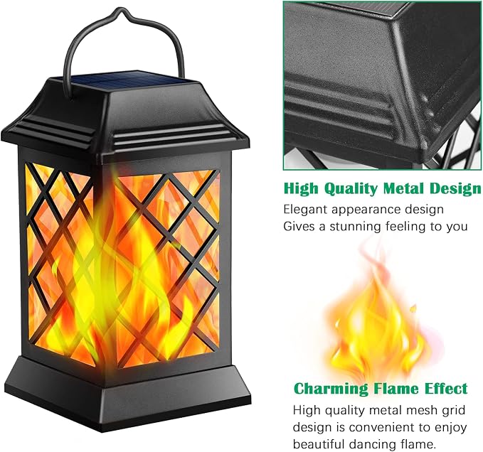 TomCare Flickering Flame Solar Lights Outdoor Metal Hanging Lantern, 2 Pack | Realistic Flame Effect, Charges in 6-8 Hours, 10-12-Hour Runtime, IP65 Waterproof, Auto On/Off for Patio, Garden and Porch