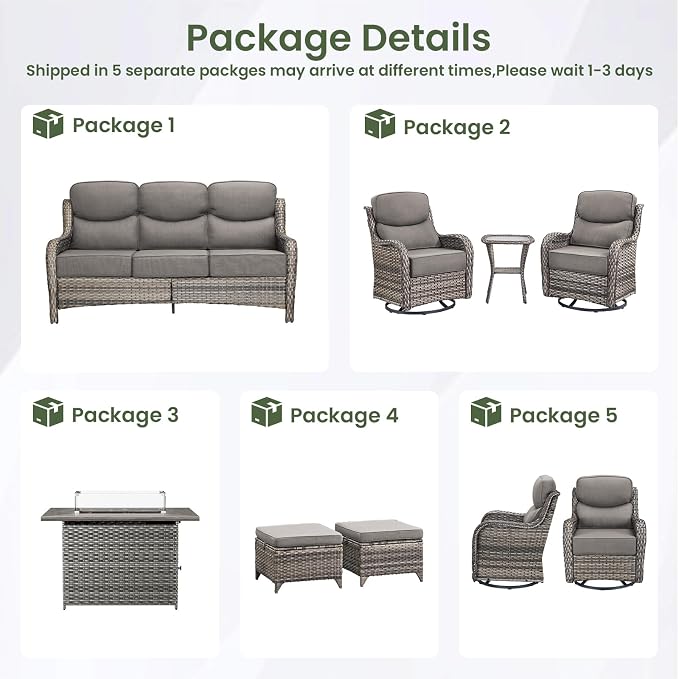 Luxury Patio Furniture Set with 6-inch Thick Cushion, Outdoor Furniture with Fire Pit Table, Swivel Chairs, Sofa, Side Table, Ottomans, 9pcs Wicker Conversation Set Grey Wicker | Grey Cushions