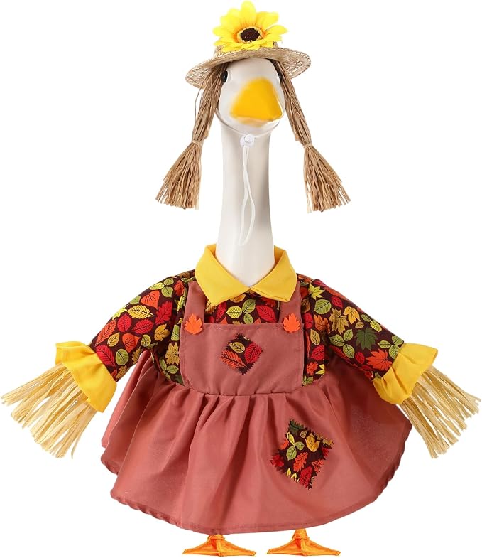 FuWeave Fall Porch Goose Outfit Maple Goose Costume Fancy Porch Geese Clothes with Wide Hat for 23" 17" Outdoor Patio