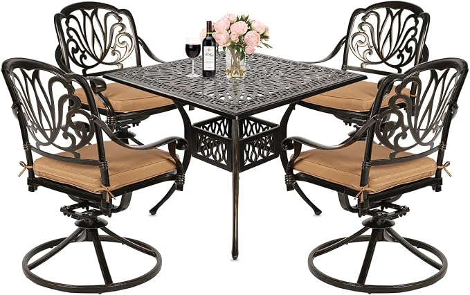 MEETWARM 5-Piece Outdoor Patio Dining Set, All-Weather Cast Aluminum Patio Conversation Set for Backyard Garden Deck with 4 Cushions Swivel Rocker Chairs and 35.4" Square Table, 2.2" Umbrella Hole