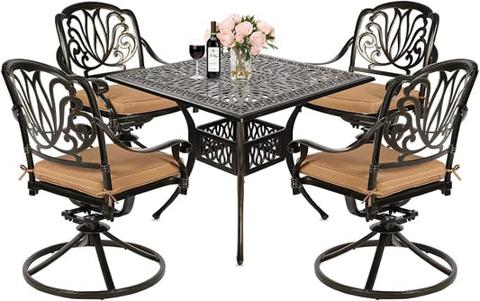 MEETWARM 5-Piece Outdoor Patio Dining Set, All-Weather Cast Aluminum Patio Conversation Set for Backyard Garden Deck with 4 Cushions Swivel Rocker Chairs and 35.4" Square Table, 2.2" Umbrella Hole