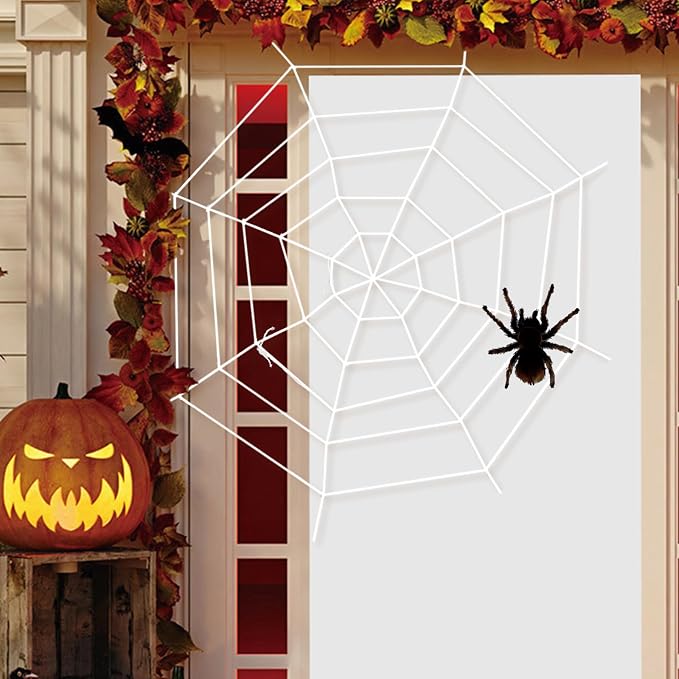 3 FT Spider Web Halloween Decorations - Realistic White Spider String Rope Props, Round Fake Spider Web Elastic Belt for Spooky Haunted House Window Decor, Trick-or-Treat, Indoor Outdoor Party Favors