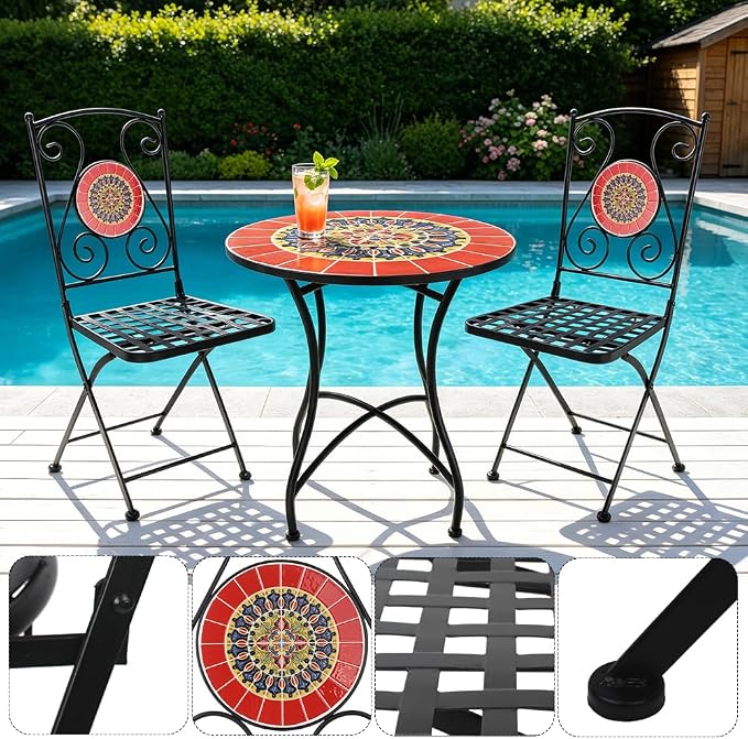 3 Piece Bistro Sets Mosaic Tile Round Table Folding Chairs Garden | Set of 3 Patio Furniture 23.6" Table and 2 Chairs Outdoor Bistro Chairs Artistic Table for Balcony Porch Apartment Backyard