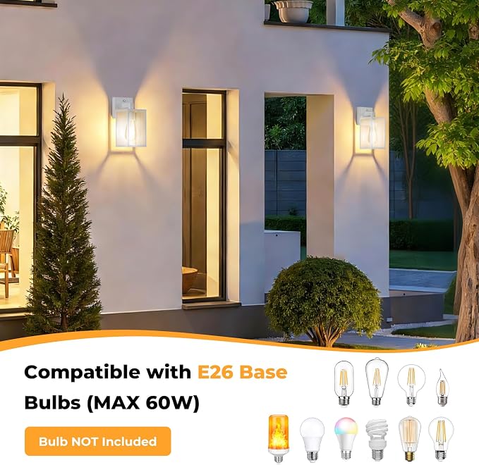 FOLKSMATE 2 Pack Dusk to Dawn Outdoor Wall Light Fixtures, Exterior Porch Light, Waterproof Wall Sconces Lanterns, Sensor Lighting Wall Mount for House Doorway Garage, White