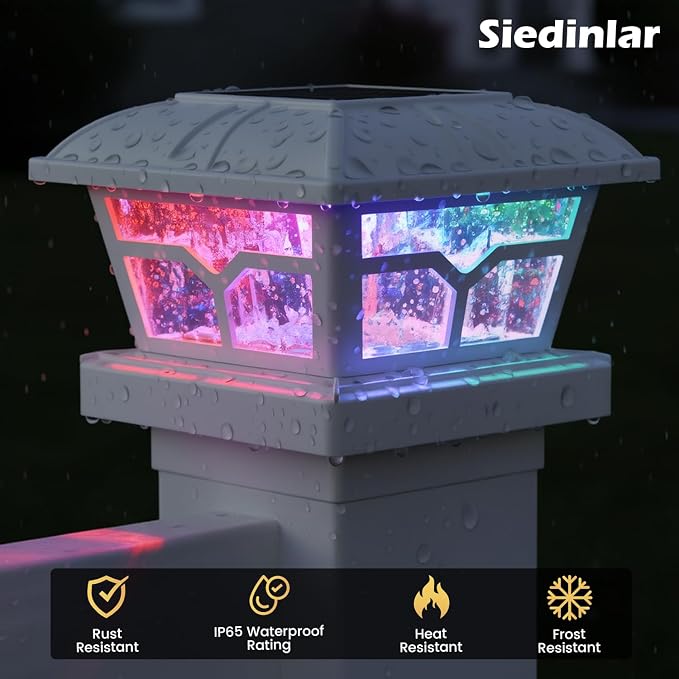 SIEDiNLAR Solar Post Cap Lights Outdoor 2 Color Modes LED for 4x4 5x5 6x6 Wooden Vinyl Posts Fence Patio Deck Decoration RGB Color Changing & Warm White Lighting White (6 Pack)