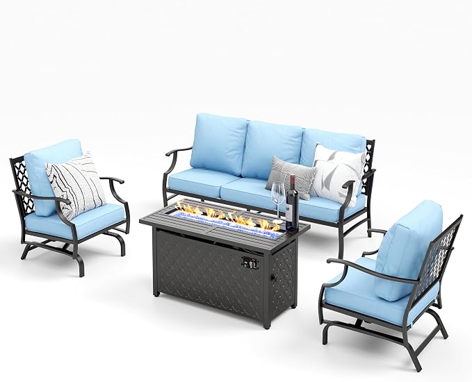 MIXPATIO Patio Furniture Set with Firepit Table, 4 Pcs Metal Outdoor Conversation Set, 2 Rocking Chairs and 3 Seater Sofa with 5.75" Extra Thick Cushion and Gas Fire Pit Table for Backyard Deck, Blue