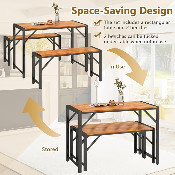 Tangkula 3-Pieces Patio Dining Set for 4 People, Outdoor Picnic Table & 2 Benches, 44" Acacia Wood Dining Table w/Metal Frame, Space-Saving Dinette Set for Garden Porch Poolside Yard Balcony