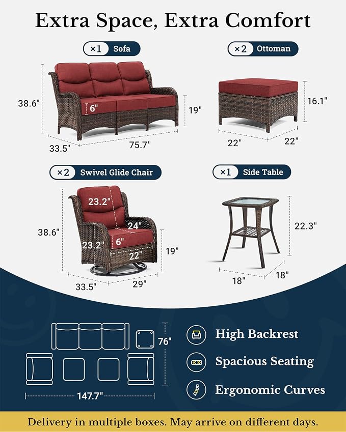 HILLGA 6-Piece Luxury Patio Furniture Set with 6" Thick Cushions, Weather-Resistant Wicker High Back Swivel Rocker Chairs, Senior-Friendly Outdoor Sofa Set for Large Deck and Poolside, Burgundy(V2)