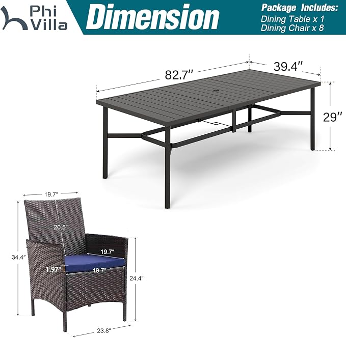 PHI VILLA 9 Piece Patio Dining Set, 83" Rectangular Table, Rattan Chairs | Outdoor Dining Set for 8, Metal Dining Table with Umbrella Hole, Large Outdoor Dining Table Set for Patio, Deck, Porch