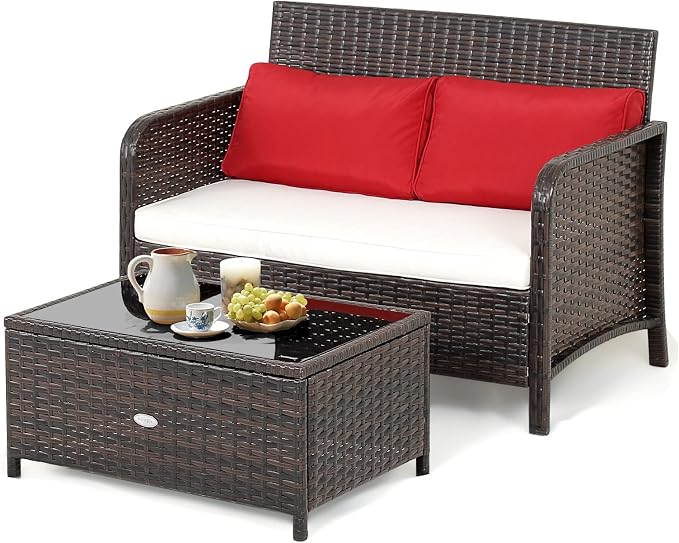 Tangkula 2-Piece Outdoor Patio Wicker Furniture Set, PATIOJOY Patio Loveseat and Coffee Table Set with Cushions, Outdoor Conversation Set for Porch, Balcony and Backyard