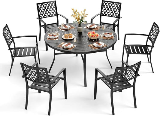 PHI VILLA 7 Pcs Outdoor Dining Set, 54" Round Table& Stackable Chairs | Wrought Iron Dining Table with Umbrella Hole,Ppatio Dining Furniture Set for Patio, Deck, Backard, Porch