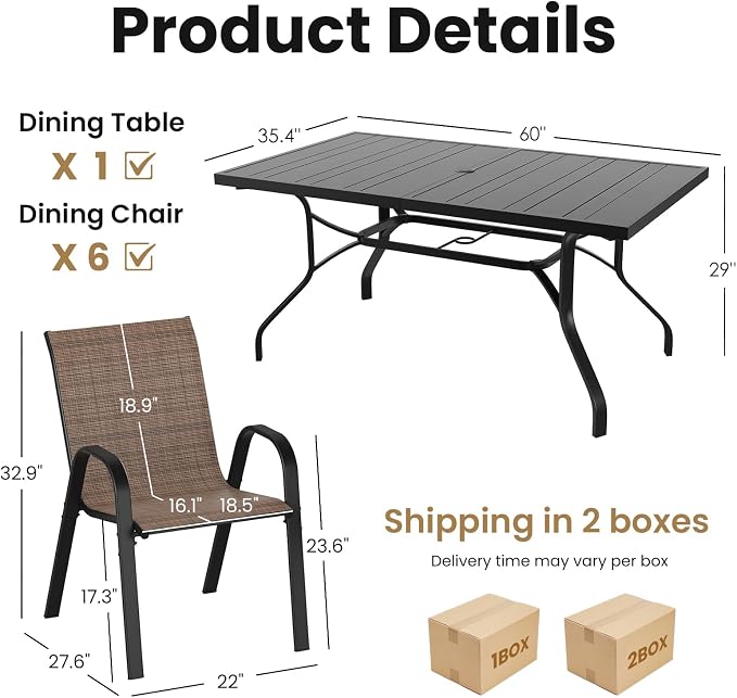 Soohow 7-Piece Outdoor Dining Set, Outdoor Patio Table and Chairs Set, 6 x Stackable Chairs & 1 x Outdoor Table with Umbrella Hole, All-Weather Patio Dining Sets for Poolside, Backyard and Porch