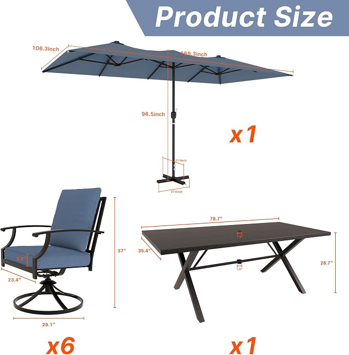Gotland 7 Piece Outdoor Dining Table and Chairs for 6 with 14Ft Double-Sided Umbrella, Patio Swivel Dining Chairs for 6, Rectangular Patio Dining Table with Umbrella Hole Outdoor Patio Set