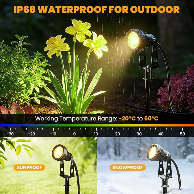 FOOMAN 6-Pack Spot Lights Outdoor, Low Voltage Landscape Lighting | LED Pathway Lights with Transformer, IP68 Waterproof Warm White Spotlight for Yard Garden Flags House Lawn Tree