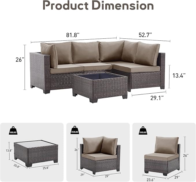 Bonzy Home 5 Pieces Outdoor Patio Furniture Set, PE Rattan Outdoor Sectional Furniture Sofa Set with Removable Cover and Glass Coffee Table, Patio Sofa for Balcony, Porch, Garden, (Brown-Khaki)