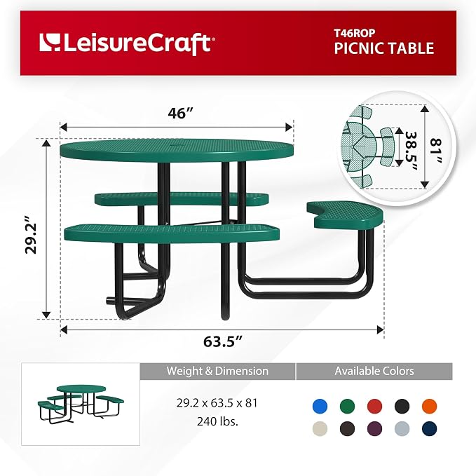 Leisure Craft Metal Picnic Table with Bench - 46" Round Outdoor Dining Table with Umbrella Hole, Heavy Duty Thermoplastic Coating, ADA Compliant, Commercial Grade Furniture Made in USA - Green