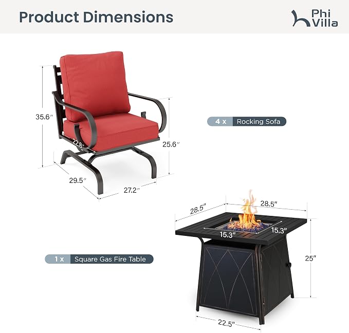 PHI VILLA Patio Furniture Set, 4 Rocking Chairs and a 28" Square Fire Pit Table, Outdoor Metal Conversation Set with 5.75" Extra Thick Cushion for Garden Backyard Deck, Red