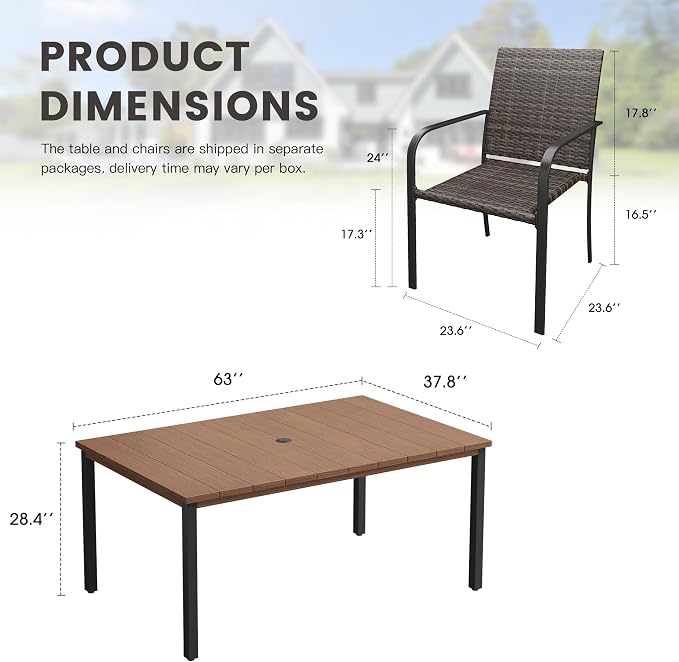 Outdoor Dining Set for 6, 63" Metal Rectangular Outdoor Dining Table with Umbrella Hole and Wicker Stackable Patio Chairs, 7 Pieces Patio Table and Chairs Set for Garden Backyard, Walnut