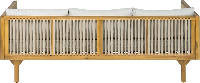 Christopher Knight Home Clarie Patio Sofa and Coffee Table Set, 2 Piece Outdoor Patio Furniture Set with Cushion, Acacia Wood 3 Seater Outdoor Sofa Daybed and Coffee Table Set, Light Gray+Teak
