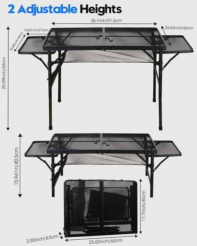 MSDADA Folding Grill Table, Height Adjustable Aluminum Table, Portable Outdoor Table for Camping, Picnic, Patio, Dining, BBQ, Party, Black (36 * 23.62 inch)