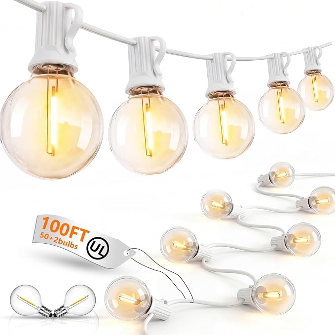100FT G40 LED White String Lights Outdoor, Connectable Patio Globe String Lights with 52 Shatterproof LED Bulbs, Waterproof Backyard Hanging Lights for Wedding Porch Garden Bistro Deck Balcony Decor