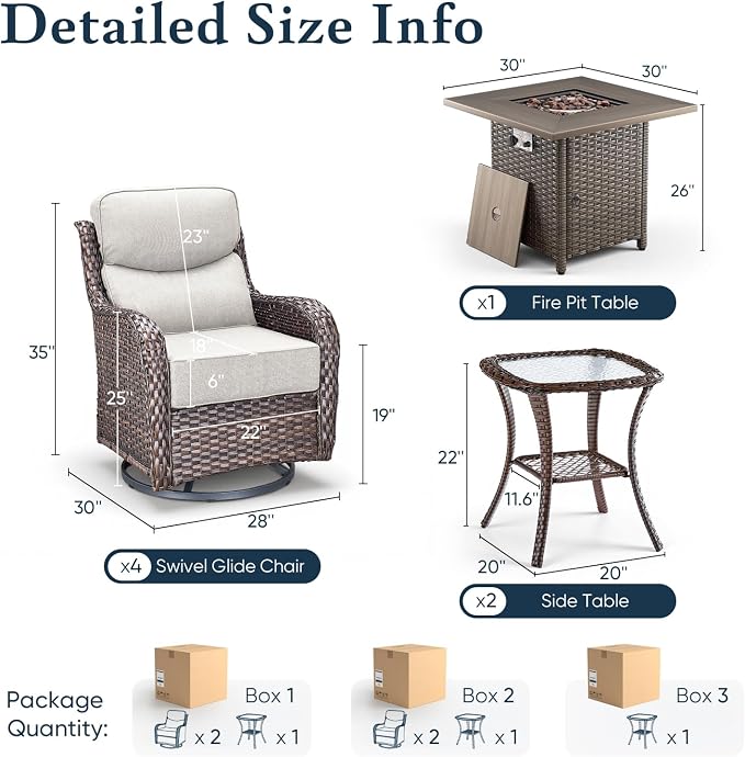 Belord Luxury 6" Thick Cushioned Outdoor Swivel Rocker Chairs Set of 4 with Fire Pit Table, High Back Wicker Patio Furniture Set with Ergonomic Zone Back, Conversation Set for Deck Porch - Brown+Beige
