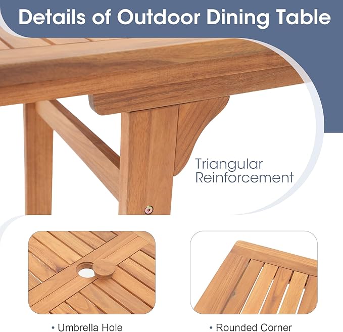 OC Orange-Casual Outdoor Acacia Wood Expandable Table for 6-8, Wooden Rectangular Table with Umbrella Hole and Slat Design, for Patio, Deck, Porch, Backyard, Natural