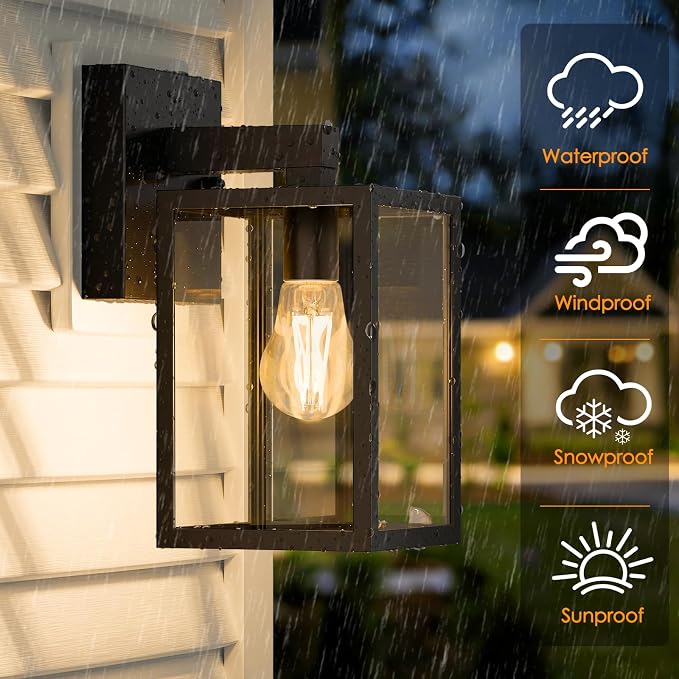 Outdoor Wall Light Fixture, Black Porch Lights, 2 Pack | Waterproof, Anti-Rust, E26 Socket, Exterior Wall Mount Lamps, Front Door Lighting, Outside Patio Sconce Lantern, Garage