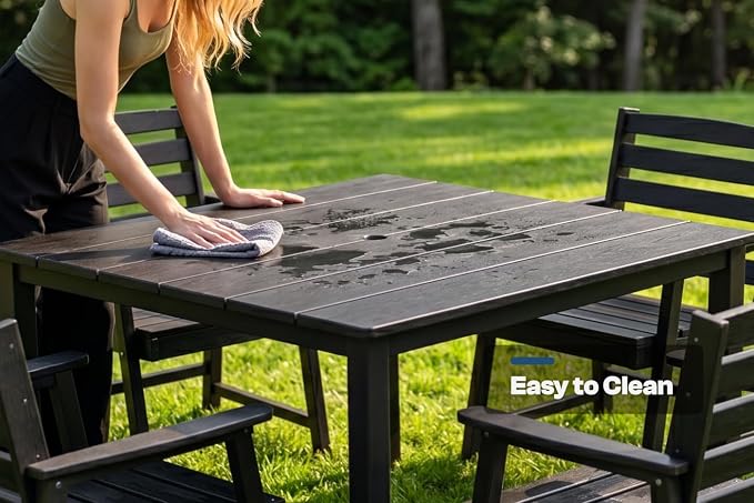 HDPE Outdoor Dining Set for 6, Modular Tables & 6 Armchairs | • Expandable 2-Table Combo • Dual 2" Umbrella Openings • 410 lbs High Weight Limit • All-Weather Polywood