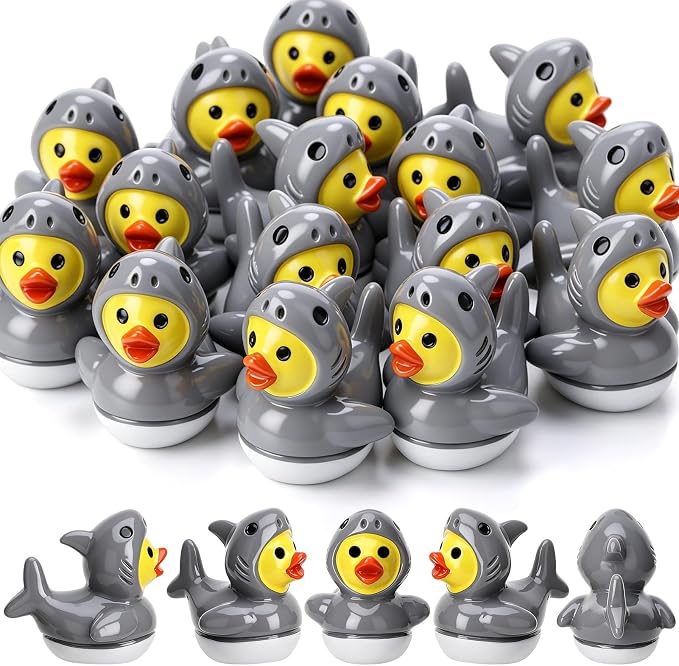 30 Pcs Shark Ducks, Mini Shark Resin Ducks Bulk | Fun Printed Toy Figures for Birthday Party Favors, Themed Decor, Kids Gift Collection (Ferocious Shark)