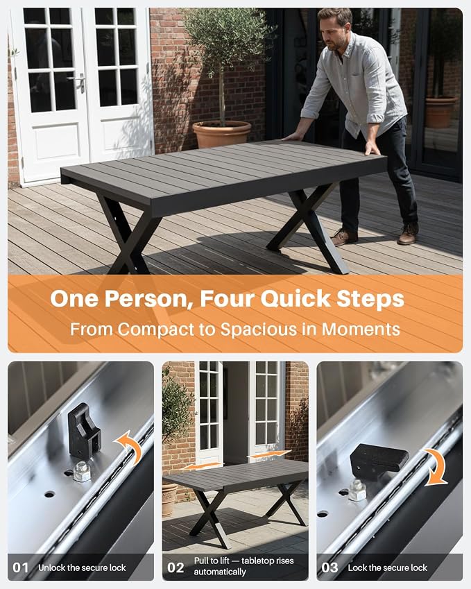 Extendable Patio Dining Set for 8, Never-Rust Aluminum Outdoor Dining Set with 2 Swivel Chairs, Expandable Dining Table and 6 Double-Layer Textilene Chairs, Patio Furniture Set, Limed Oak