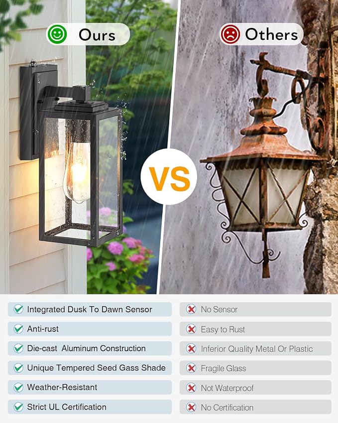VIANIS Dusk to Dawn Outdoor Porch Lights Wall Mount, Modern Black Exterior Lighting Fixtures for House, Anti-Rust Aluminium Waterproof Outdoor Wall Sconce Lantern for Garage with Tempered Seeded Glass