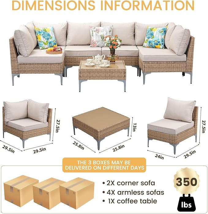 7 Piece Patio Furniture Set, Wicker Modular Outdoor Furniture with Thicker Cushions, Outdoor Couch Sofa for Garden, Poolside, Backyard, Beige
