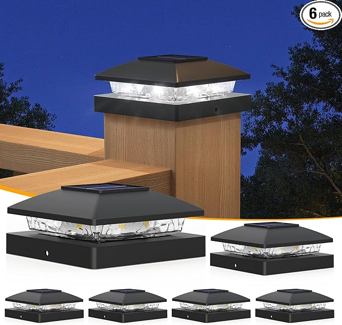 APONUO Solar Post Cap Lights for 4x4 Posts - IP64 Waterproof, 6500K LED, No-Wire Fence Lights & Deck Lights for Patio Garden Yard Patio, Black-Cool White, 6 Pack