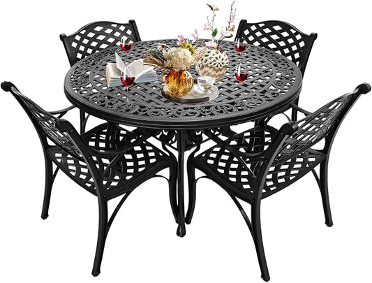 Patio Dinning Set Weather Resistant Cast Aluminum Patio Furniture Set with Umbrella Hole, Bistro Dining Set for Garden (48" x 48" Table B and 4 Chairs Black, 5 Pieces)