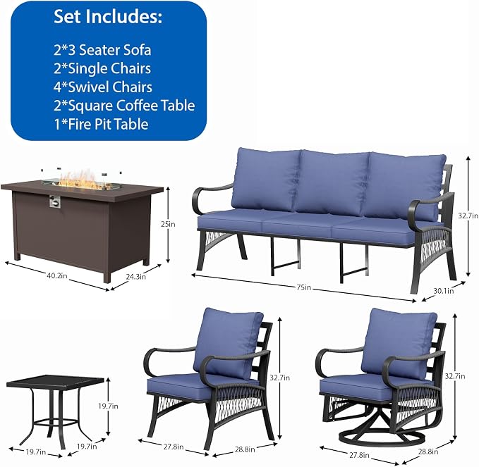 11 Piece Patio Furniture Set, All Weather Metal Outdoor Conversation Set with 50000 BTU Propane Fire Pit Table and 5" Thick Cushions, Sectional Sofa for Garden, Porch, Lawn, Blue