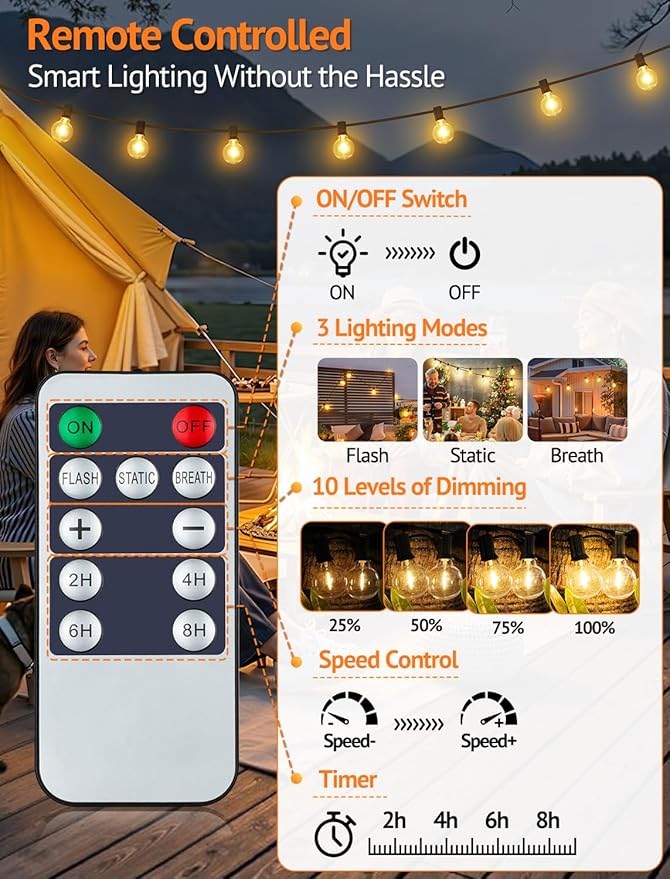 75FT(3x25FT) Solar String Lights with Remote, 30+3 G40 Bulbs, Black | Solar Powered, Dusk to Dawn, Dimmable, Timer, Memory Function, LED Globe Hanging Lights for Balcony Pergola Porch Decor