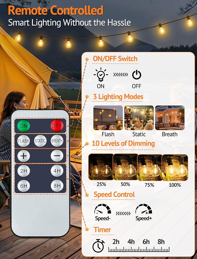 25FT Solar String Lights with Remote, 3 Modes, 11 G40 Bulbs, Black | Solar Powered, Dusk to Dawn, Dimmable, Timer, Memory Function, LED Globe Hanging Lights for Umbrella Gazebo Patio Decor