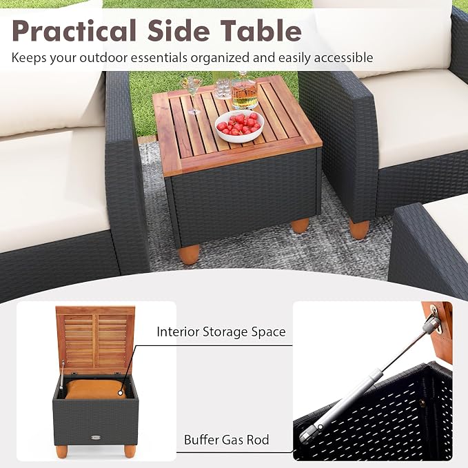 Tangkula 7 Pieces Patio Furniture Set, PE Rattan Sectional Sofa Set with Loveseat, Armchairs, Ottomans & Table, Acacia Wood Tabletop, Outdoor Conversation Set for Porch, Garden & Poolside