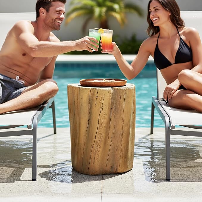Outdoor Side Table, Fiber Reinforced Concrete Patio End Table, 17.9 Inch Natural Wood Look Garden Stool Statue with Crack Texture Design for Patio, Garden, Porch, Poolside