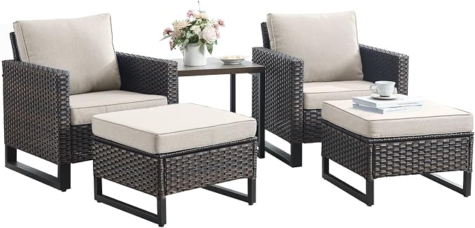 Rilyson Luxury Wicker Outdoor Patio Furniture Set of 5-5 Piece Patio Conversation Set with Ottoman*2, Wicker Chairs*2, Metal Side Table*1 for Outside Porch Deck Backyard Garden(Mixed Grey/Beige)