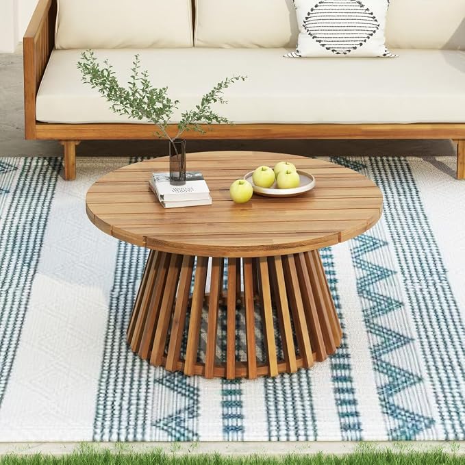 JIJIWANG 31.5" Outdoor Acacia Wood Patio Coffee Table for 2-4 Person, Round Coffee Table for Backyard, Lawn, Balcony, Teak Finish