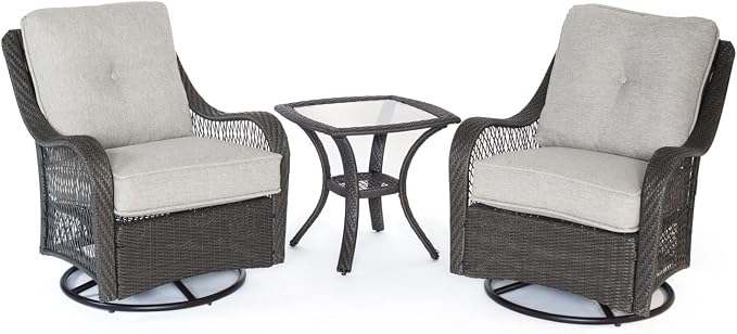 Hanover Orleans 3-Piece Patio Conversation Set with 2 Gray Weather Resistant Wicker Swivel Rockers, Navy Blue Water Resistant Cushions, and Glass Top Square Table, Outdoor Bistro Set 3-Piece