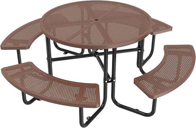 46'' Round Metal Picnic Table with 1.78" Umbrella Hole, Heavy-Duty Stainless Steel Mesh Top Outdoor Table, Rust Resistant Weatherproof Patio Dining Table, For Backyard, Garden & Picnic, Coffee