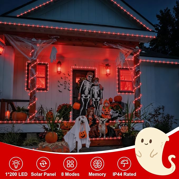 QITONG Red Solar Halloween Lights, 66ft 200 LED Solar Rope Lights Outdoor, 8 Modes Fairy Lights in Clear Thin Tube