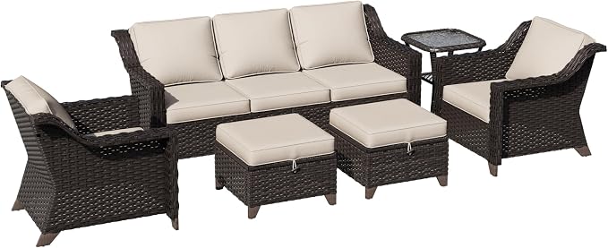 6 Pieces Patio Conversation Furniture Set - 1 Sofa, 2 Armchairs, 2 Ottomans, 1 Side Table, Outdoor Wicker Furniture with Removable Cushions for Porch, Balcony, Sunroom (Beige)